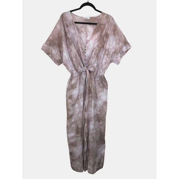 Bucketlist Tie-Waist Jumpsuit Women's Large Short Sleeve Taupe Tie Dye Wide Leg - Picture 3 of 16